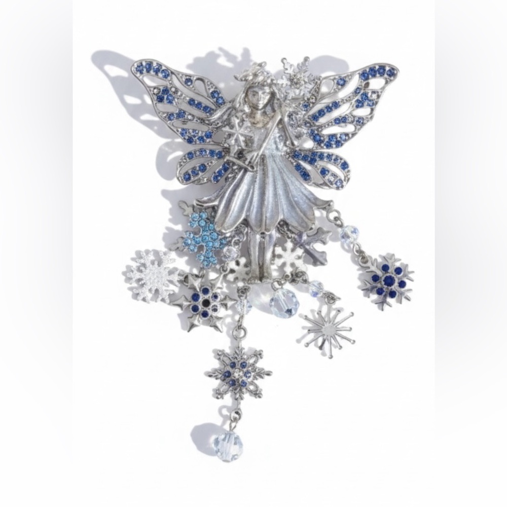 Kirks Folly Silver Fairy 🧚 Brooch with Blue Accents, Snowflakes ❄️ & Crystals
